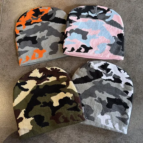 Bonnet Unisexe en Tricot Jacquard Acrylique Camouflage Chaud Coupe-vent Hiver Hip Hop Chapeau Décontracté Extérieur