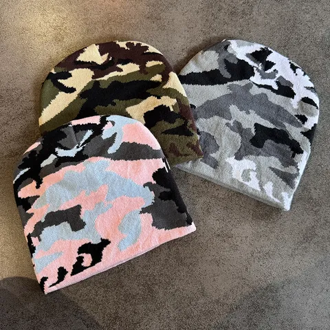 Bonnet Unisexe en Tricot Jacquard Acrylique Camouflage Chaud Coupe-vent Hiver Hip Hop Chapeau Décontracté Extérieur