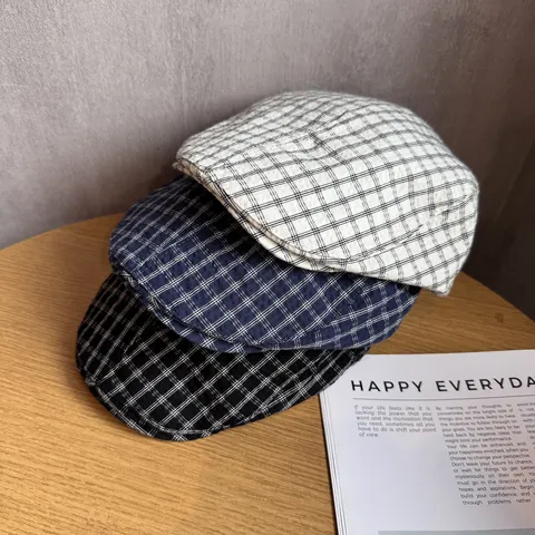 Vintage Plaid Newsboy Cap For Women Cotton Polyester Blend Adjustable Ivy Duckbill Hat Casual Retro Beret Painter Cap