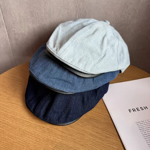 Retro Denim Beret Hat For Men Women Japanese Minimalist Ivy Flat Cap With Leather Trim Adjustable Newsboy Duckbill Hat