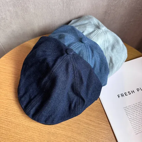 Retro Denim Beret Hat For Men Women Japanese Minimalist Ivy Flat Cap With Leather Trim Adjustable Newsboy Duckbill Hat