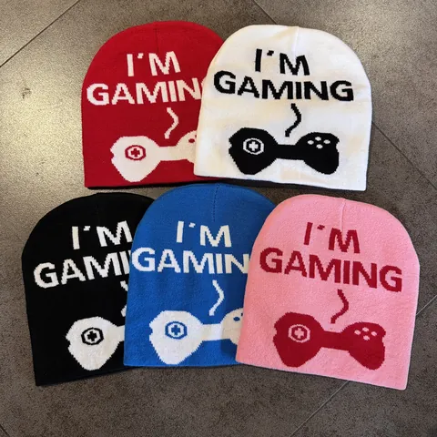 Gaming Theme Knitted Beanie Hat Acrylic Warm I'M GAMING Letter Jacquard Winter Skull Cap For Unisex Adults Outdoor