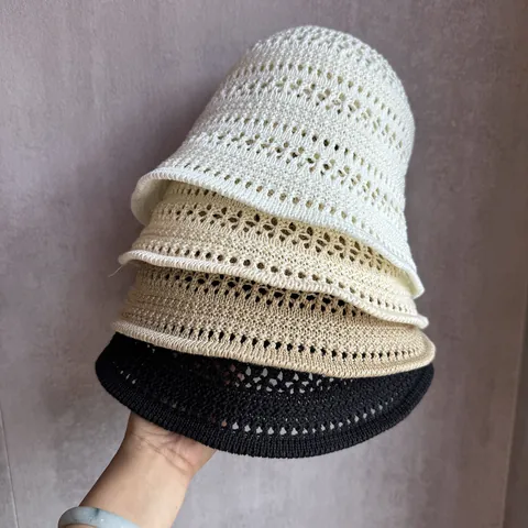 Women Knitted Bucket Hat Hollow Crochet Breathable Sun Hat For Summer Travel Outdoor Beach Foldable Fisherman Hat Vintage Style