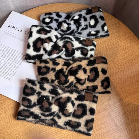 Banda para el Cabello de Punto con Estampado de Leopardo Retro Mujer Invierno Cálido Diadema de Nudo Retorcido Con Parche de Cuero NY