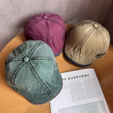 Retro Washed Cotton Newsboy Hat For Women Men Vintage Letter Embroidered Forward Hat Adjustable Artist Beret Flat Cap