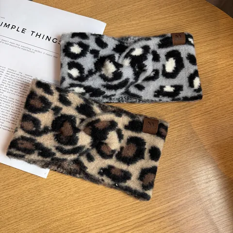 Banda para el Cabello de Punto con Estampado de Leopardo Retro Mujer Invierno Cálido Diadema de Nudo Retorcido Con Parche de Cuero NY
