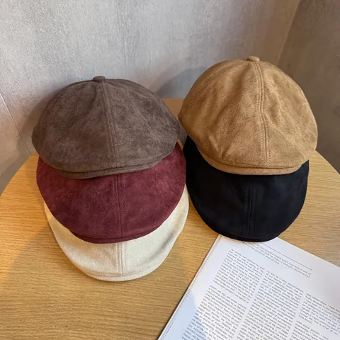 Gorra Plana Vintage de Antelina para Mujer Retro Color Sólido Ajustable Estilo Británico Otoño Invierno Boina Cálida