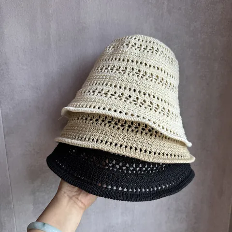 Women Knitted Bucket Hat Hollow Crochet Breathable Sun Hat For Summer Travel Outdoor Beach Foldable Fisherman Hat Vintage Style