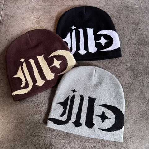 Gothic Letter Jacquard Beanie Hat For Men Women Street Style Y2K Acrylic Knit Warm Star Moon Pattern Cold Weather Skull Cap