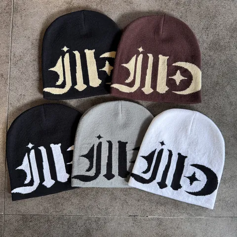 Gothic Letter Jacquard Beanie Hat For Men Women Street Style Y2K Acrylic Knit Warm Star Moon Pattern Cold Weather Skull Cap