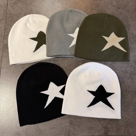 Unisex Star Pattern Knit Beanie Hat For Men Women Warm Winter Streetwear Acrylic Jacquard Brimless Cold Weather Cap