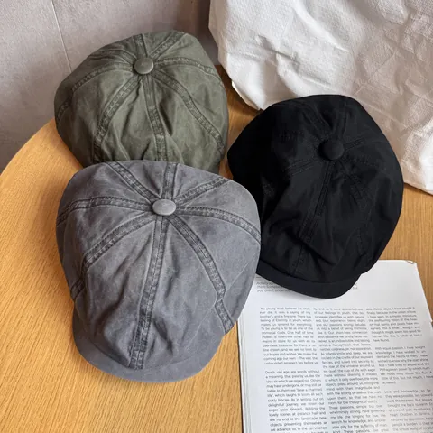 Women Japanese Minimalist Cotton Polyester Newsboy Cap Vintage Washed Distressed Forward Hat Literary Solid Color Short Brim Beret