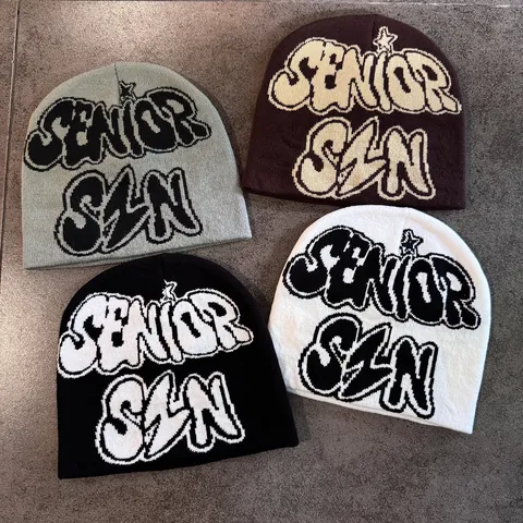 Streetwear SENIOR SZN Letter Jacquard Knitted Beanie Hat For Men Women Winter Warm Hip Hop Brimless Skull Cap