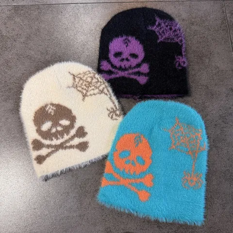 Berretto a Maglia in Ecopelliccia di Visone Con Teschio e Ragnatela Invernale Caldo Peluche Gothic Streetwear Berretto