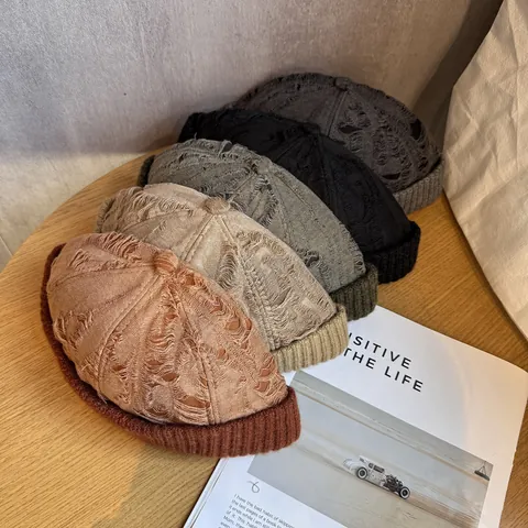 Japanese Vintage Distressed Ripped Landlord Hat For Men Women Cotton Blend Brimless Docker Cap Retro Streetwear Beanie Hat