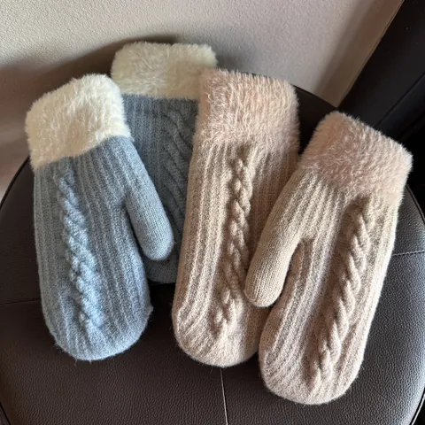 Muffole Invernali da Donna a Trecce in Lana Alpaca con Bordo in Ecopelliccia Guanti Antivento per Equitazione Outdoor Regalo