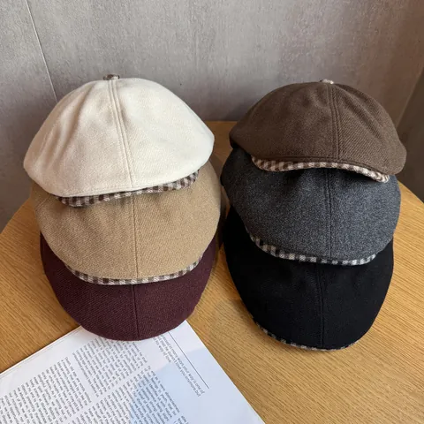 Women Vintage Plaid Newsboy Cap British Style Polyester Woolen Beret Hat Flat Top Warm Breathable Daily Casual Headwear