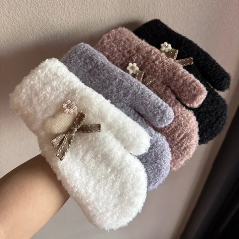 Muffole In Pile Teddy Calde Invernali Da Donna Grazioso Fiocco Cuore Fiore Peluche Guanti Termici Ispessiti Per Ciclismo All'aperto Per Donne Studentesse