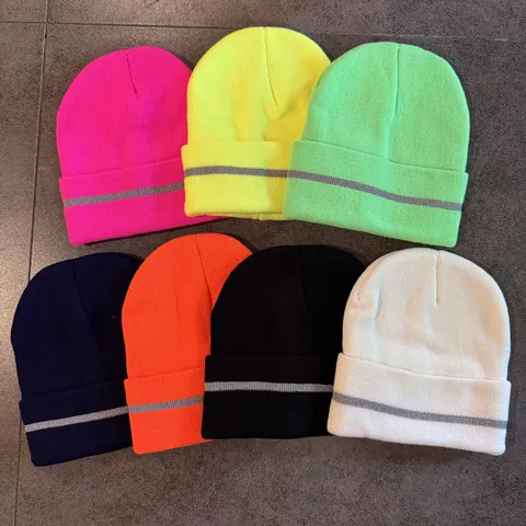 Winter Warm Knitted Beanie Hat With Reflective Strip For Night Safety Solid Color Cuffed Acrylic Skull Cap Outdoor Thermal Beanie Men Women