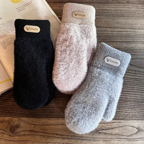 Women Winter Thickened Warm Faux Mink Fur Mittens Knitted Windproof Thermal Mitten For Outdoor Cycling Daily Cold Weather