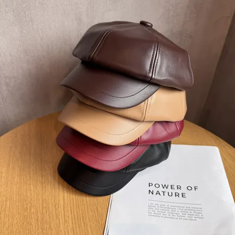 Women Vintage PU Leather Newsboy Cap Korean Style Solid Color Octagonal Hat Fashion Casual Retro Beret For Lady Winter Fall