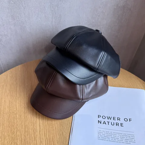 Women Vintage PU Leather Newsboy Cap Korean Style Solid Color Octagonal Hat Fashion Casual Retro Beret For Lady Winter Fall