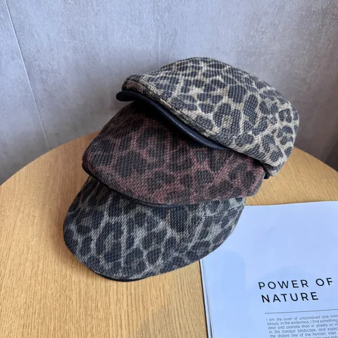 Gorra de Vendedor de Periódicos Vintage con Estampado de Leopardo Mezcla de Algodón Gorra Casual Ala Corta Accesorios de Parasol