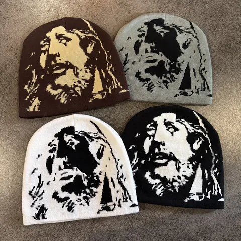 Streetwear Hip Hop Beanie Hat For Men Women Retro Jesus Portrait Jacquard Knitted Skull Cap Winter Warm Outdoor Sports Hat
