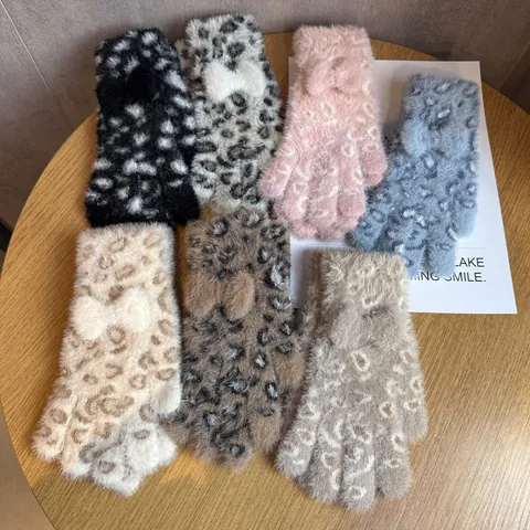 Guantes de Mujer Lindos de Pelo de Visón Sintético con Estampado de Leopardo y Lazo Cálidos de Invierno Pantalla Táctil de Jacquard