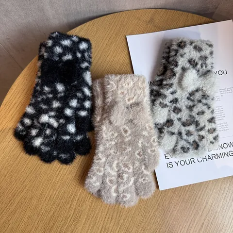 Guantes de Mujer Lindos de Pelo de Visón Sintético con Estampado de Leopardo y Lazo Cálidos de Invierno Pantalla Táctil de Jacquard