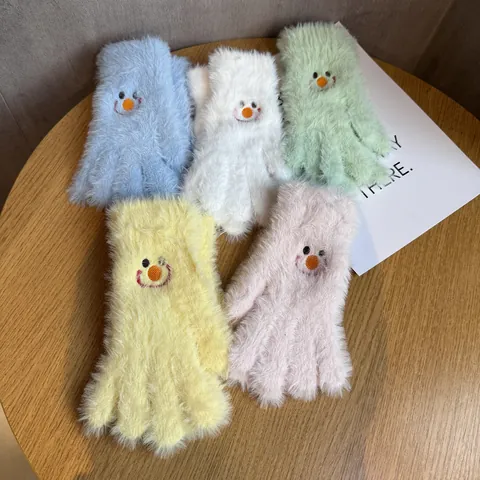 Cute Smiley Face Embroidered Faux Mink Fur Plush Touchscreen Gloves Women Winter Thick Warm Outdoor Full Finger Mittens