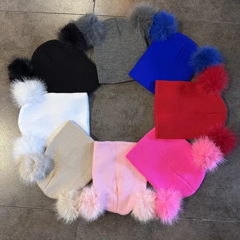 Donna Carino Doppio Pompon Berretto in Maglia Caldo Inverno Ecopelliccia Maglia a Coste Berretto per Moda di Strada Halloween
