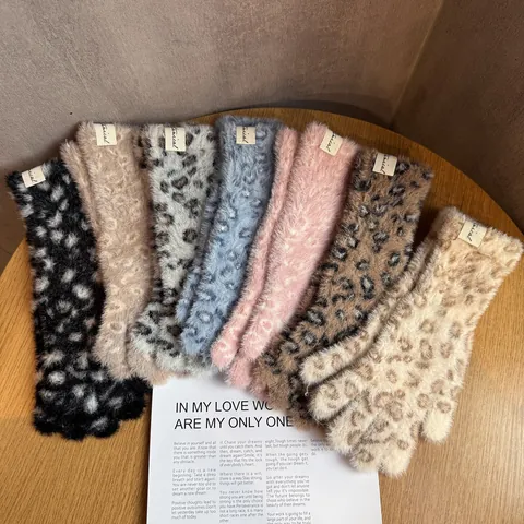 Damen Leopardenmuster Faux Nerzfell Handschuhe Winter Warm Dick Plüsch Gestrickt Fingerhandschuhe Mode Streetwear Accessoires