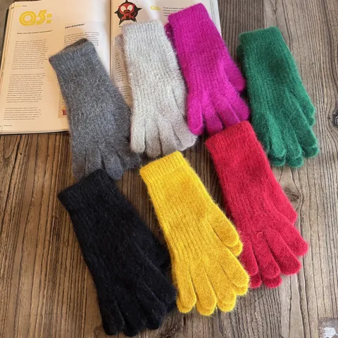 Winter Thickened Warm Rabbit Hair Blend Knitted Gloves Solid Color Touchscreen Full Finger Long Mittens For Outdoor Riding