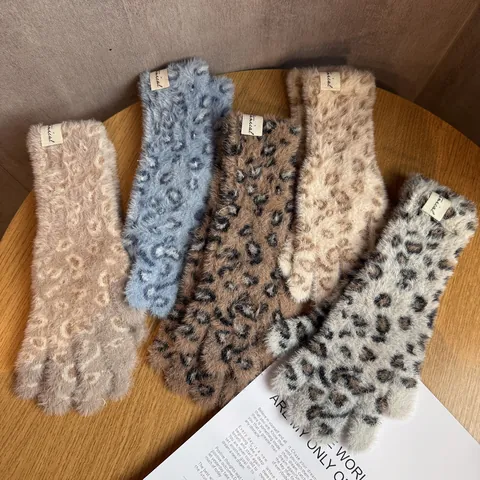 Damen Leopardenmuster Faux Nerzfell Handschuhe Winter Warm Dick Plüsch Gestrickt Fingerhandschuhe Mode Streetwear Accessoires