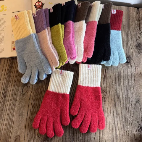 Women Winter Warm Knitted Gloves Colorblock Imitation Cashmere Touch Screen Full Finger Ribbed Cuff Outdoor Cycling Fashion