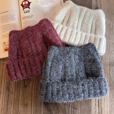 Japanese Style Cute Cat Ears Knitted Beanie Hat For Women Autumn Winter Warm Ribbed Acrylic Faux Mohair Beanie Skull Cap