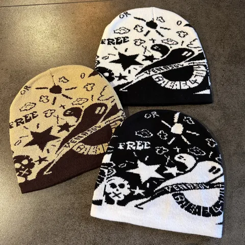 Halloween Skull Star Jacquard Knitted Beanie For Men Women Streetwear Y2K Acrylic Warm Winter Slouchy Cuffless Hat