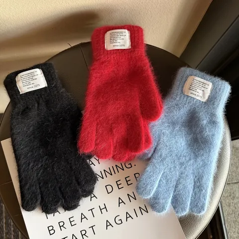 Damen Winter Warm Strick Kaninchenhaarmischung Handschuhe Einfarbig Weich Plüsch Fingerhandschuhe Mit Buchstaben-Etikett Rippenbündchen