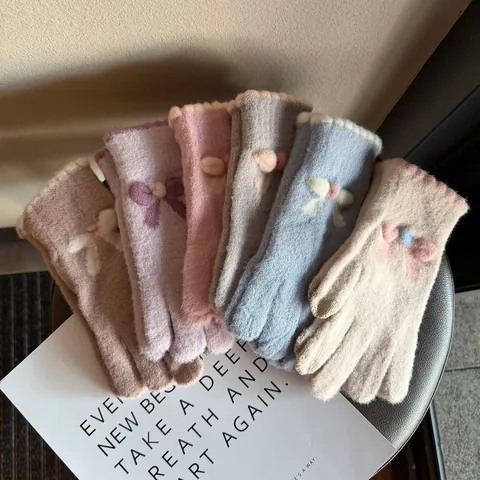 Women Winter Warm Knitted Touch Screen Gloves Imitation Mink Hair Plush Bowknot Full Finger Outdoor Cycling Mittens