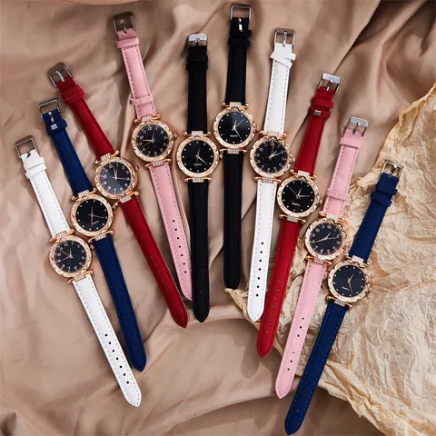 Women Fashion Starry Sky Quartz Watch Rhinestone Alloy Case Faux Leather Strap Casual Analog Wristwatch For Girls Jewelry