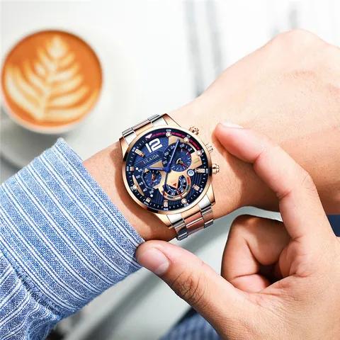 Fashion Men's Quartz Watch Business Casual Alloy Case Stainless Steel Strap Luminous Calendar Multi-function Analog Wristwatch