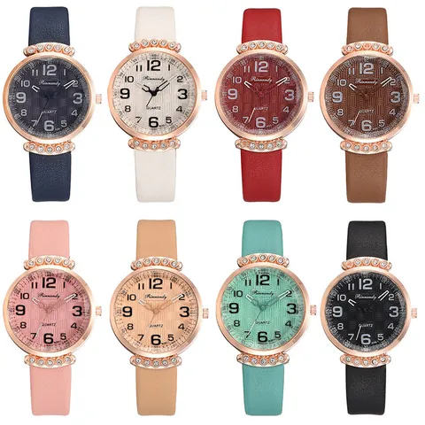 Fashion Women Quartz Watch Rhinestone Decoration Rose Gold Case Faux Leather Strap Round Analog Dial Casual Timepiece For Ladies