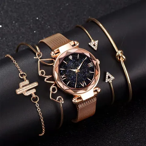 Women Fashion Starry Sky Quartz Watch With Rose Gold Mesh Band And Rhinestone Geometric Heart Love Bracelets Jewelry Gift