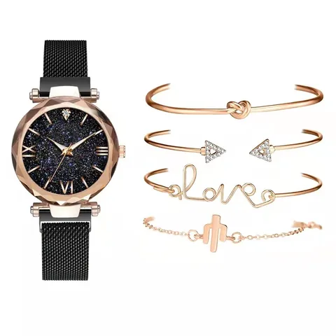 Women Fashion Starry Sky Quartz Watch With Rose Gold Mesh Band And Rhinestone Geometric Heart Love Bracelets Jewelry Gift