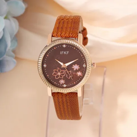 Women Fashion Quartz Watch Floral Sakura Pattern Dial Rhinestone Markers Alloy Case Faux Leather Strap Elegant Wristwatch