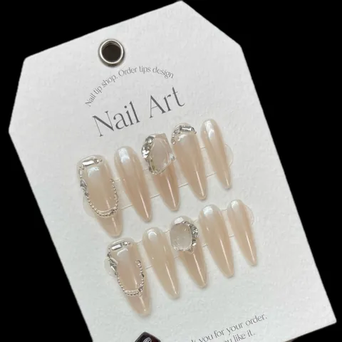 Handgefertigte Luxus Lange Sargform Künstliche Fingernägel Perlmuttrosa Schleife Strass Falsche Nägel Für Damen Alltag Party