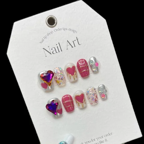 Unghie Finte Fatte a Mano Stile Y2K Sweet Cool Cuore 3D Strass Fiocco Rosa Argento Corte Quadrate Unghie Finte Con Kit