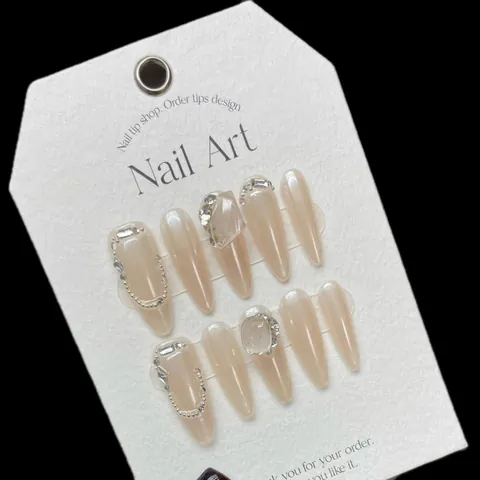 Handgefertigte Luxus Lange Sargform Künstliche Fingernägel Perlmuttrosa Schleife Strass Falsche Nägel Für Damen Alltag Party