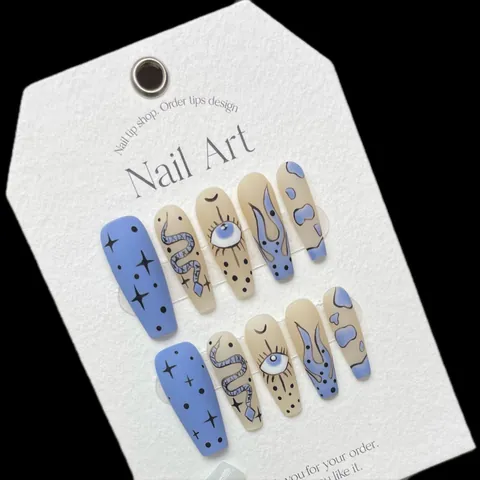 Uñas Postizas Mate Azules Hechas a Mano Diseño de Serpiente y Ojo Misterioso Ataúd Uñas Postizas para Decoración de Uñas de Mujer